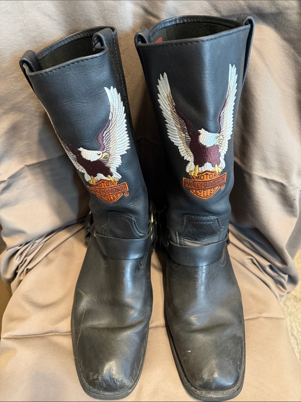 Harley-Davidson Black Leather Eagle Embroidered Motorcycle Boots